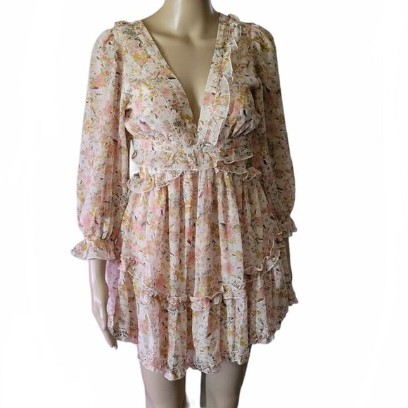 3/4 Sleeve Strappy Back Pink Floral Sexy Deep V-Neck Cut Out Mini Dress - Picture 11 of 13